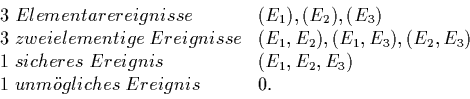 \begin{displaymath}
\begin{array}{ll}
3 \; Elementarereignisse & (E_{1}), (E_{2}...
...{2},E_{3}) \\
1 \; unm''ogliches \; Ereignis & 0.
\end{array}\end{displaymath}