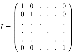 \begin{displaymath}
I = \left( \begin{array}{cccccc}
1 & 0 & . & . & . & 0 \\ 0...
.... & . & & & . & . \\ 0 & 0 & . & . & . & 1 \end{array} \right)
\end{displaymath}