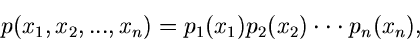 \begin{displaymath}
p(x_{1},x_{2},...,x_{n}) = p_{1}(x_{1}) p_{2}(x_{2}) \cdot \cdot \cdot
p_{n}(x_{n}) ,
\end{displaymath}