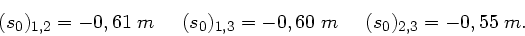 \begin{displaymath}
(s_{0})_{1,2} = - 0,61 \; m \; \; \; \; \; (s_{0})_{1,3} = - 0,60 \; m \; \; \; \; \;
(s_{0})_{2,3} = -0,55 \; m.
\end{displaymath}