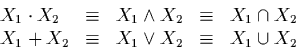 \begin{displaymath}
\begin{array}{lllll}
X_{1} \cdot X_{2} & \equiv & X_{1} \wed...
...uiv & X_{1} \vee X_{2} & \equiv & X_{1} \cup X_{2}
\end{array}\end{displaymath}